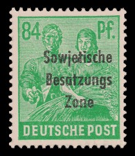 84 Pf Briefmarke: Freimarken II. Kontrollratsausgabe, Maurer und Bäuerin - mit Maschinenaufdruck ‘Sowjetische Besatzungs Zone’ 84 Pf Briefmarke: Freimarken II. Kontrollratsausgabe, Maurer und Bäuerin - mit Maschinenaufdruck ‘Sowjetische Besatzungs Zone’