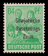 84 Pf Briefmarke: Freimarken II. Kontrollratsausgabe, Maurer und Bäuerin - mit Maschinenaufdruck ‘Sowjetische Besatzungs Zone’