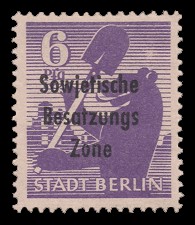 6 Pf Briefmarke: Freimarken Berliner Bär - mit Maschinenaufdruck ‘Sowjetische Besatzungs Zone’ 6 Pf Briefmarke: Freimarken Berliner Bär - mit Maschinenaufdruck ‘Sowjetische Besatzungs Zone’