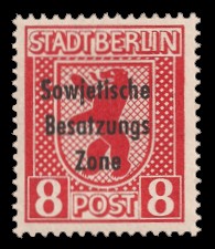 8 Pf Briefmarke: Freimarken Berliner Bär - mit Maschinenaufdruck ‘Sowjetische Besatzungs Zone’ 8 Pf Briefmarke: Freimarken Berliner Bär - mit Maschinenaufdruck ‘Sowjetische Besatzungs Zone’