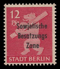 12 Pf Briefmarke: Freimarken Berliner Bär - mit Maschinenaufdruck ‘Sowjetische Besatzungs Zone’ 12 Pf Briefmarke: Freimarken Berliner Bär - mit Maschinenaufdruck ‘Sowjetische Besatzungs Zone’