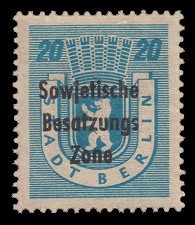 20 Pf Briefmarke: Freimarken Berliner Bär - mit Maschinenaufdruck ‘Sowjetische Besatzungs Zone’