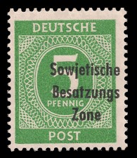 5 Pf Briefmarke: Freimarken I. Kontrollratsausgabe Ziffern, Ziffer 5 Pf - mit Maschinenaufdruck ‘Sowjetische Besatzungs Zone’ 5 Pf Briefmarke: Freimarken I. Kontrollratsausgabe Ziffern, Ziffer 5 Pf - mit Maschinenaufdruck ‘Sowjetische Besatzungs Zone’