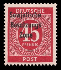 45 Pf Briefmarke: Freimarken I. Kontrollratsausgabe Ziffern, Ziffer 45 Pf - mit Maschinenaufdruck ‘Sowjetische Besatzungs Zone’ 45 Pf Briefmarke: Freimarken I. Kontrollratsausgabe Ziffern, Ziffer 45 Pf - mit Maschinenaufdruck ‘Sowjetische Besatzungs Zone’