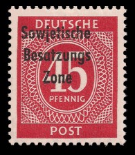 45 Pf Briefmarke: Freimarken I. Kontrollratsausgabe Ziffern, Ziffer 45 Pf - mit Maschinenaufdruck ‘Sowjetische Besatzungs Zone’