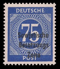 75 Pf Briefmarke: Freimarken I. Kontrollratsausgabe Ziffern, Ziffer 75 Pf - mit Maschinenaufdruck ‘Sowjetische Besatzungs Zone’ 75 Pf Briefmarke: Freimarken I. Kontrollratsausgabe Ziffern, Ziffer 75 Pf - mit Maschinenaufdruck ‘Sowjetische Besatzungs Zone’