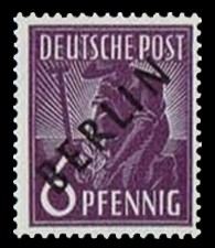 6 Pf Briefmarke: Gemeinschaftsausgabe der alliierten Besetzung mit schwarzem BERLIN Aufdruck, Freimarke 6 Pf Briefmarke: Gemeinschaftsausgabe der alliierten Besetzung mit schwarzem BERLIN Aufdruck, Freimarke