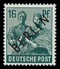 16 Pf Briefmarke: Gemeinschaftsausgabe der alliierten Besetzung mit schwarzem BERLIN Aufdruck, Freimarke 16 Pf Briefmarke: Gemeinschaftsausgabe der alliierten Besetzung mit schwarzem BERLIN Aufdruck, Freimarke