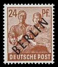 24 Pf Briefmarke: Gemeinschaftsausgabe der alliierten Besetzung mit schwarzem BERLIN Aufdruck, Freimarke 24 Pf Briefmarke: Gemeinschaftsausgabe der alliierten Besetzung mit schwarzem BERLIN Aufdruck, Freimarke