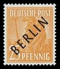 25 Pf Briefmarke: Gemeinschaftsausgabe der alliierten Besetzung mit schwarzem BERLIN Aufdruck, Freimarke 25 Pf Briefmarke: Gemeinschaftsausgabe der alliierten Besetzung mit schwarzem BERLIN Aufdruck, Freimarke