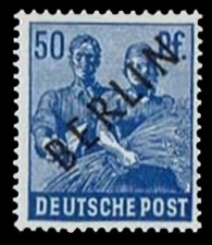 50 Pf Briefmarke: Gemeinschaftsausgabe der alliierten Besetzung mit schwarzem BERLIN Aufdruck, Freimarke 50 Pf Briefmarke: Gemeinschaftsausgabe der alliierten Besetzung mit schwarzem BERLIN Aufdruck, Freimarke