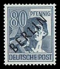 80 Pf Briefmarke: Gemeinschaftsausgabe der alliierten Besetzung mit schwarzem BERLIN Aufdruck, Freimarke 80 Pf Briefmarke: Gemeinschaftsausgabe der alliierten Besetzung mit schwarzem BERLIN Aufdruck, Freimarke