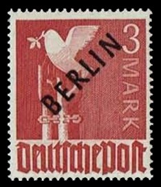 3 M Briefmarke: Gemeinschaftsausgabe der alliierten Besetzung mit schwarzem BERLIN Aufdruck, Freimarke 3 M Briefmarke: Gemeinschaftsausgabe der alliierten Besetzung mit schwarzem BERLIN Aufdruck, Freimarke
