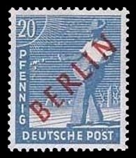 20 Pf Briefmarke: Gemeinschaftsausgabe der alliierten Besetzung mit rotem BERLIN Aufdruck, Freimarke 20 Pf Briefmarke: Gemeinschaftsausgabe der alliierten Besetzung mit rotem BERLIN Aufdruck, Freimarke
