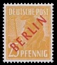 25 Pf Briefmarke: Gemeinschaftsausgabe der alliierten Besetzung mit rotem BERLIN Aufdruck, Freimarke 25 Pf Briefmarke: Gemeinschaftsausgabe der alliierten Besetzung mit rotem BERLIN Aufdruck, Freimarke