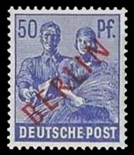 50 Pf Briefmarke: Gemeinschaftsausgabe der alliierten Besetzung mit rotem BERLIN Aufdruck, Freimarke