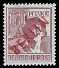 60 Pf Briefmarke: Gemeinschaftsausgabe der alliierten Besetzung mit rotem BERLIN Aufdruck, Freimarke 60 Pf Briefmarke: Gemeinschaftsausgabe der alliierten Besetzung mit rotem BERLIN Aufdruck, Freimarke