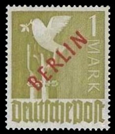 1 DM Briefmarke: Gemeinschaftsausgabe der alliierten Besetzung mit rotem BERLIN Aufdruck, Freimarke