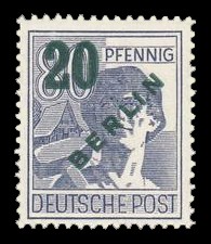 20 Pf, auf 80 Pf Briefmarke: Gemeinschaftsausgabe der alliierten Besetzung mit dunkelgrünem BERLIN und Wert-Aufdruck, Freimarke