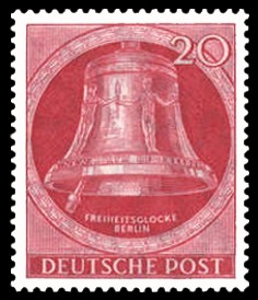 20 Pf Briefmarke: Freiheitsglocke, Klöppel links 20 Pf Briefmarke: Freiheitsglocke, Klöppel links
