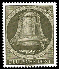 5 Pf Briefmarke: Freiheitsglocke, Klöppel rechts 5 Pf Briefmarke: Freiheitsglocke, Klöppel rechts