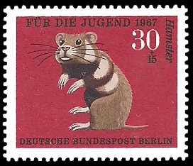 30 + 15 Pf Briefmarke: Für die Jugend 1967, Pelztiere 30 + 15 Pf Briefmarke: Für die Jugend 1967, Pelztiere