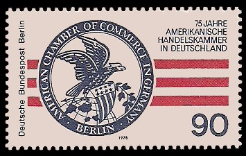 90 Pf Briefmarke: 75 Jahre Amerikanische Handelskammer in Deutschland 90 Pf Briefmarke: 75 Jahre Amerikanische Handelskammer in Deutschland