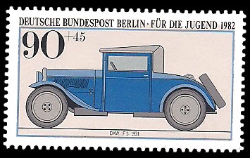 90 + 45 Pf Briefmarke: Für die Jugend 1982, alte Kraftfahrzeuge