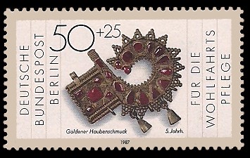 50 + 25 Pf Briefmarke: Wohlfahrtsmarke 1987, Geschmiedetes aus Gold + Silber 50 + 25 Pf Briefmarke: Wohlfahrtsmarke 1987, Geschmiedetes aus Gold + Silber