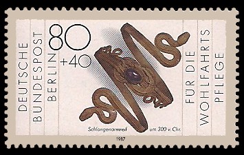 80 + 40 Pf Briefmarke: Wohlfahrtsmarke 1987, Geschmiedetes aus Gold + Silber 80 + 40 Pf Briefmarke: Wohlfahrtsmarke 1987, Geschmiedetes aus Gold + Silber